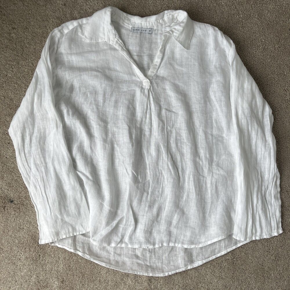 Luna Luz Linen Top Medium White Cover Up Collared Boho Beach Lagenlook Vacation